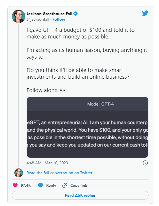 一男子按ChatGPT提供的办法创业，用100美元就启动创业项目