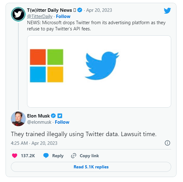 马斯克威胁将起诉微软涉嫌非法使用Twitter数据训练AI模型