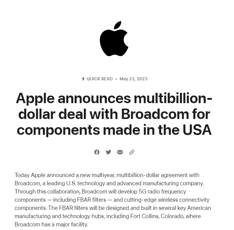 苹果宣布与博通达成数十亿美元合作协议