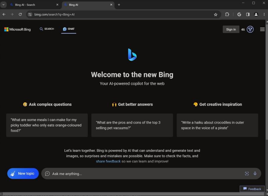 微软 Windows 11 的 Bing AI 推出 Chrome 原生深色主题