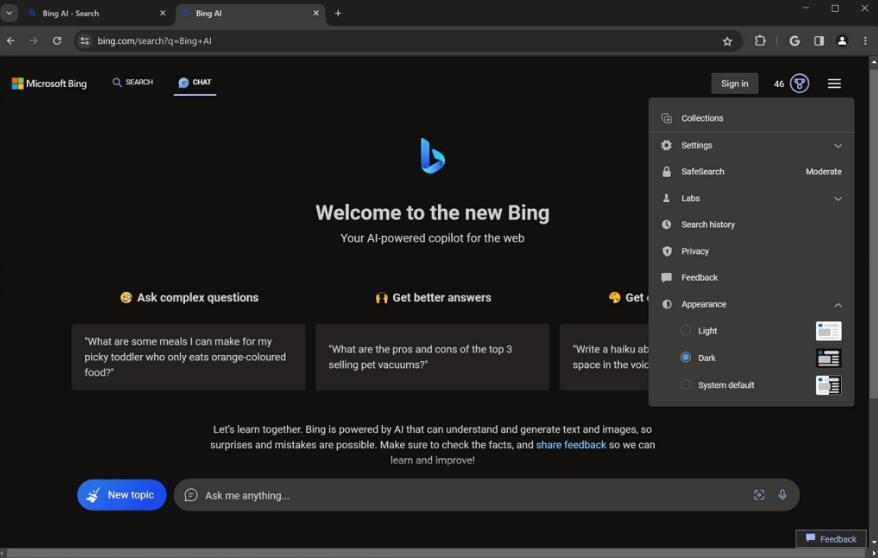 微软 Windows 11 的 Bing AI 推出 Chrome 原生深色主题
