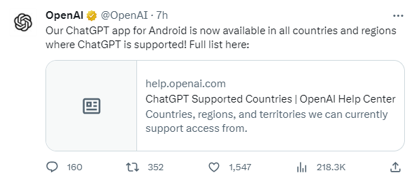 OpenAI：ChatGPT安卓版APP已可在所有支持国家和地区使用