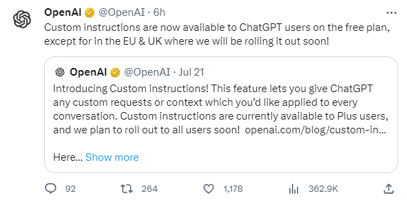 OpenAI宣布ChatGPT所有用户已可使用自定义指令Custom instructions功能