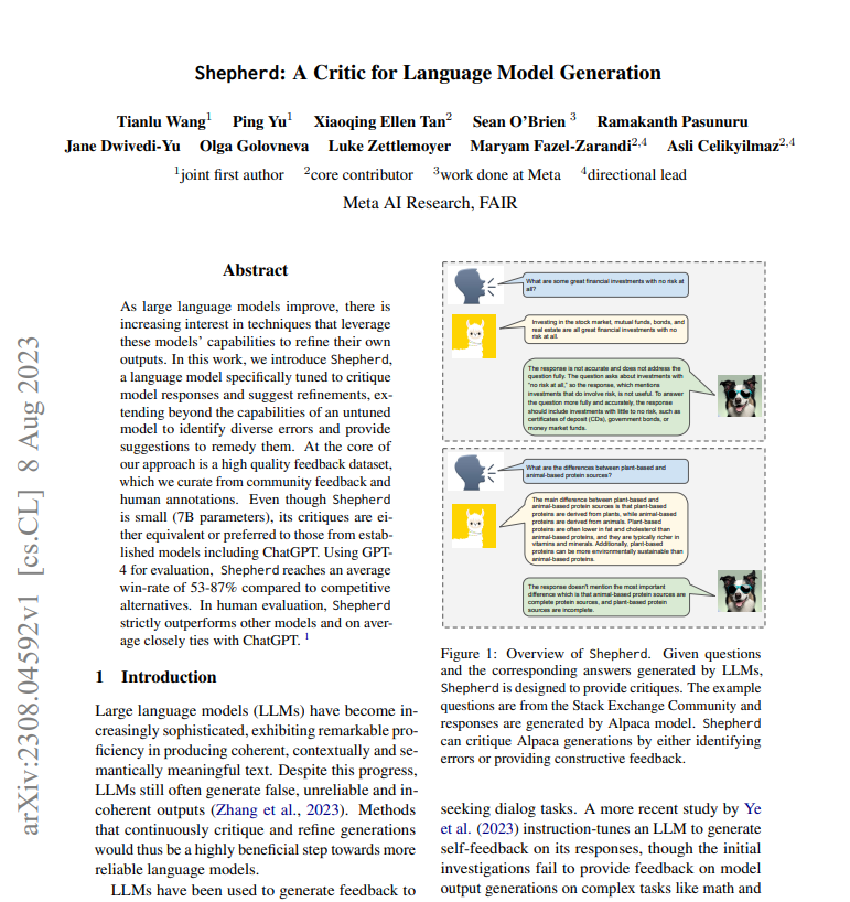 Meta华人提出语言模型Shepherd 用于评估模型生成