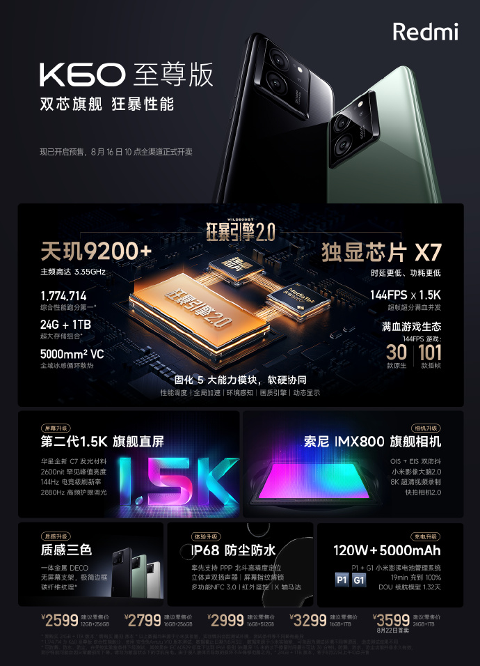 Redmi K60至尊版今日开售 售价2599元起