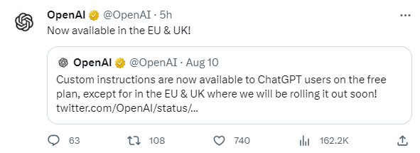 OpenAI：欧盟和英国已支持使用ChatGPT自定义指令功能