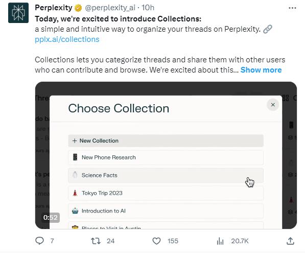 Perplexity发布Collections功能 可将搜索结果保存为不同主题的合集