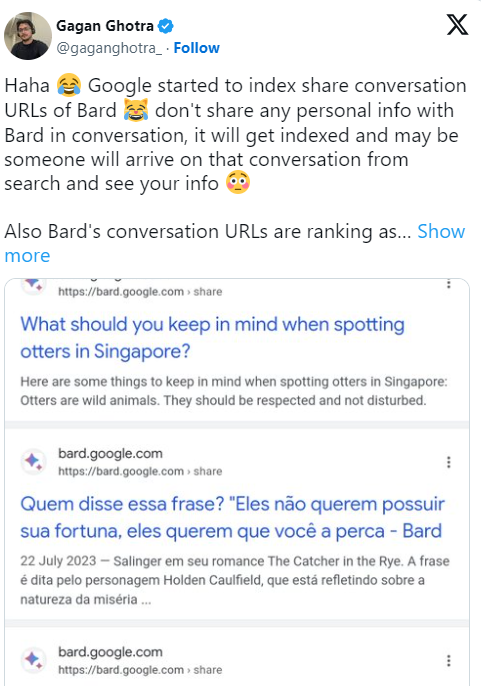 谷歌搜索引擎公开 Bard AI用户私密对话