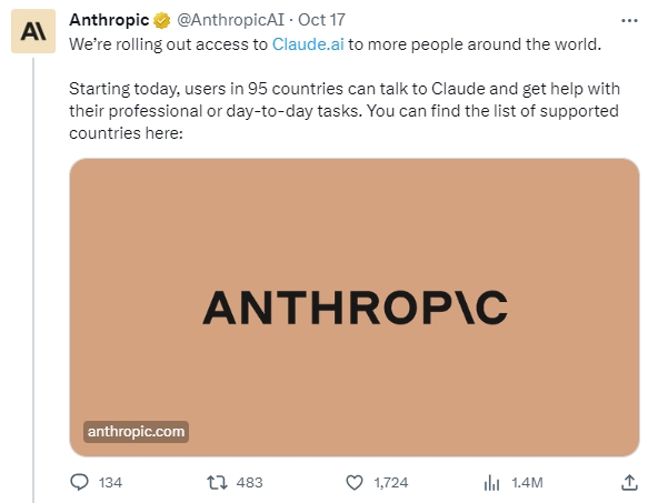 Anthropic：Claude已向95个国家/地区的用户开放