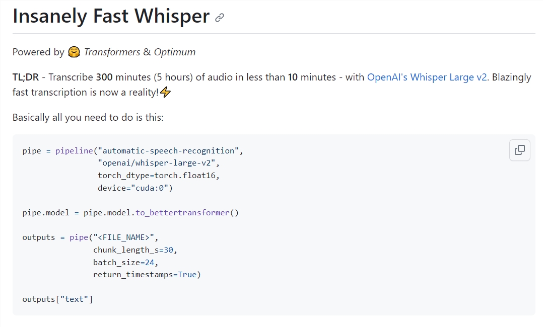 Insanely Fast Whisper: 基于OpenAI模型的快速音频转录工具