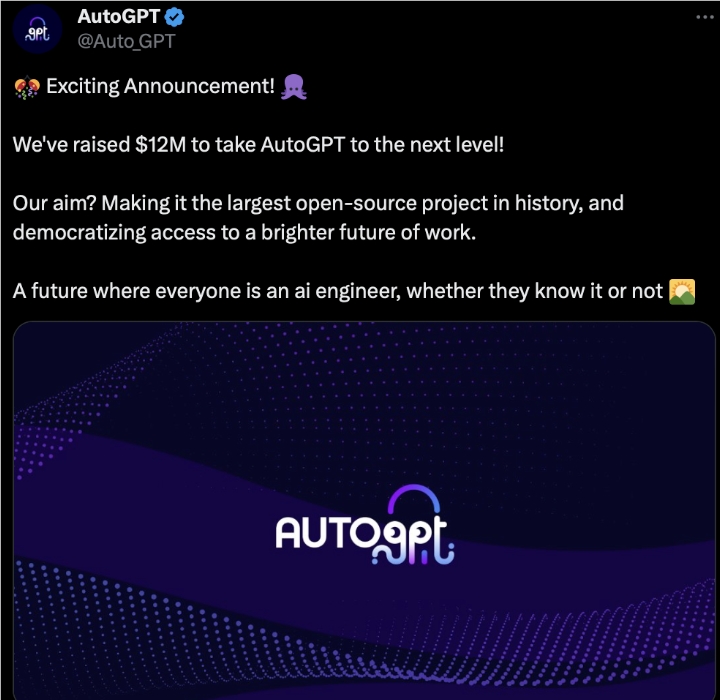 爆火智能体项目AutoGPT获1200万美元融资