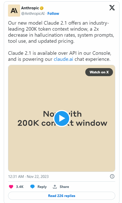 Anthropic最新Claude2.1强势升级:双倍token、降低虚构率，新增API工具