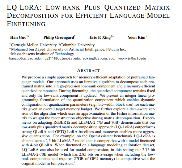 LQ-LoRA：通过低秩量化矩阵分解实现高效的语言模型微调