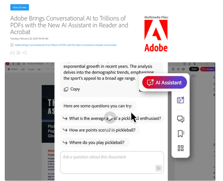 Adobe推类ChatGPT助手AI Assistant  并集成到PDF中
