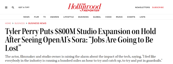 Sora抢饭碗！好莱坞大亨停止，8亿美元投资
