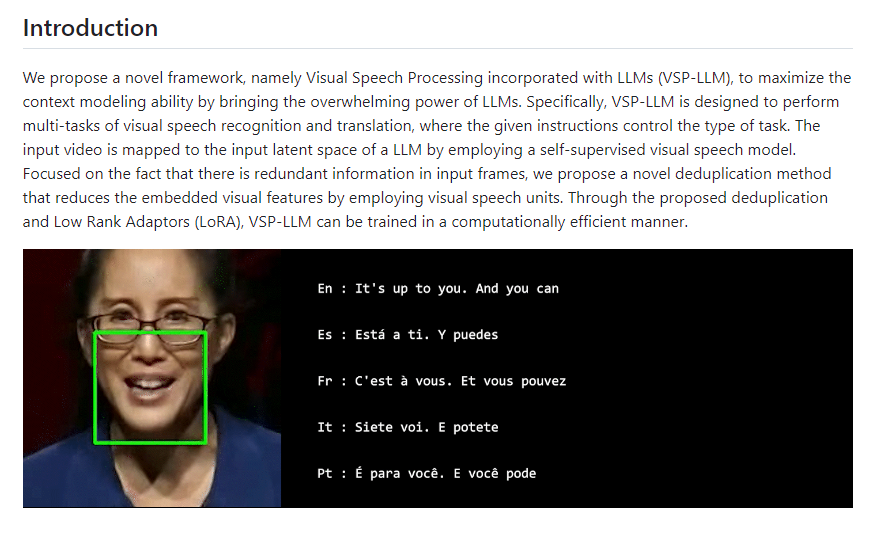 VSP-LLM：可通过观察视频中人的嘴型来识别唇语