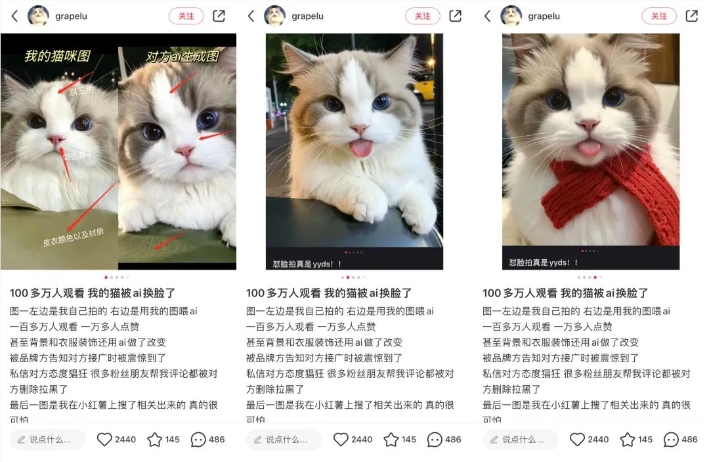 小红书博主吐槽自家猫被AI换脸 百万网友围观