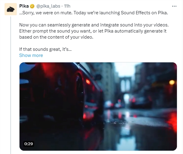Pika发布Sound Effects功能 生成的视频可以自动配音效了