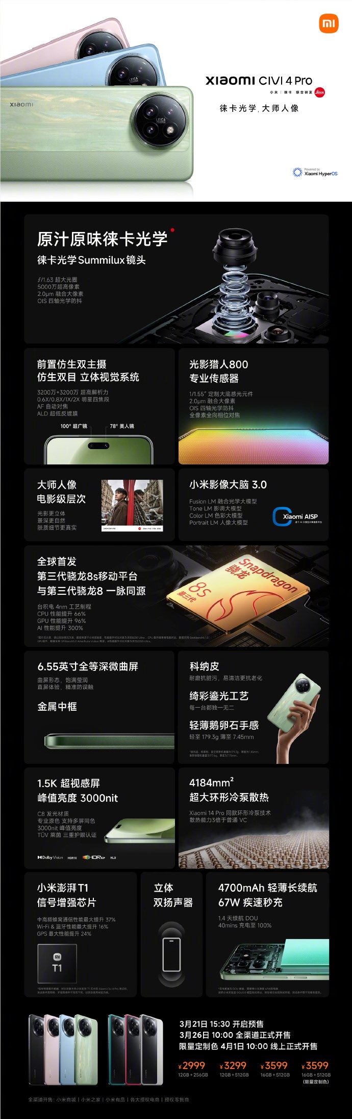 小米Civi 4Pro正式发布：售价 2999 元起 首发骁龙 8s Gen3