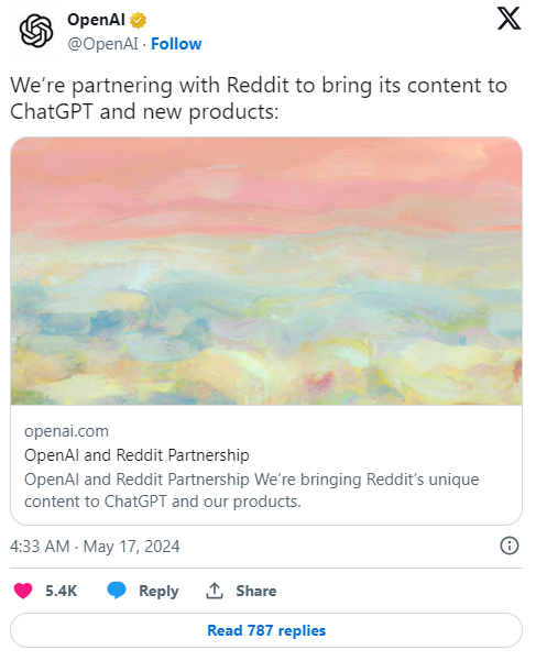 OpenAI与Reddit 合作，将用户生成独特内容整合至ChatGPT